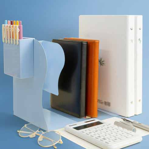M&G Adjustable Bookends, Metal Bookend for Heavy Books, Desk Magazine File Organizer Holder Extends up to 20in, Blue