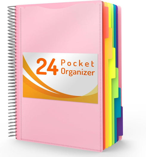 Forvencer 24 Pocket Project Organizer, 1/3-cut Tab Binder with Sticky Labels, Multi Pocket Folder, Blush