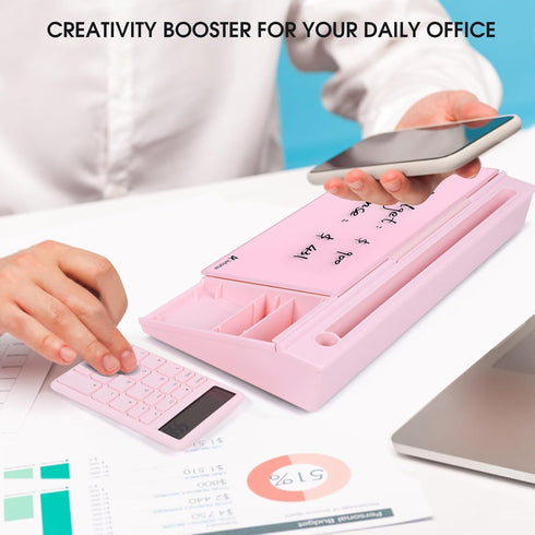 Varhomax Glass Desk Whiteboard Pink with Calculator, Desktop Dry Erase Board with Storage for Home and Office