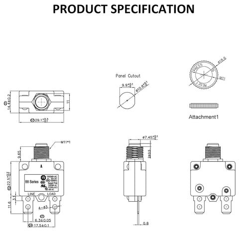 15Amp Circuit Breakers Thermal Overload Switch Protector 88 Series Manual Push Button Reset with Quick Connect Terminals and Waterproof Button Cap 32VDC or 125/250VAC 4PCS