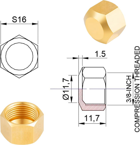 30PCS 3/8-Inch Brass Compression Cap Stop Valve Cap, Brass Compression Fitting