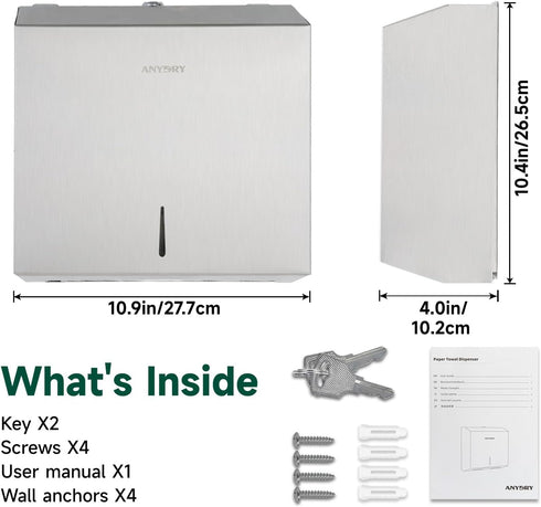250-Sheet 10.6" 3.9") anydry Wall Mount Paper Towel Dispenser Capacity Brushed Stainless Steel Lockable Fits