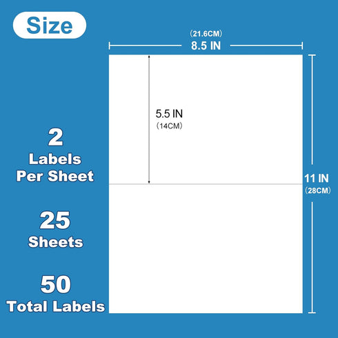 Half Sheet Self Adhesive Shipping Labels for Laser & Inkjet Printers 8.5" x 5.5", White Blank Mailing Labels Strong Adhesive Sticker Labels (25 Sheets,50 Labels)(HB-R002) by Pony Packaging