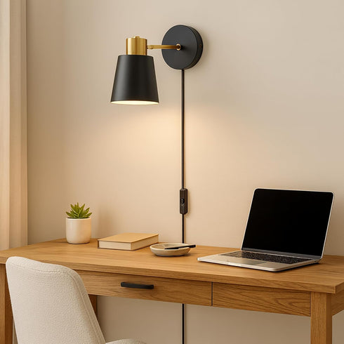 YJQHXY Set 2 3-Prong of Black & Gold Wall Sconces, Plug-in or Hardwired, Adjustable Metal Shade, Reading Lights