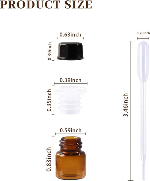 50 Pack 1ml Amber Mini Glass Essential Oils Sample Bottles with Black Caps for Oils, Perfumes & Lab Chemicals
