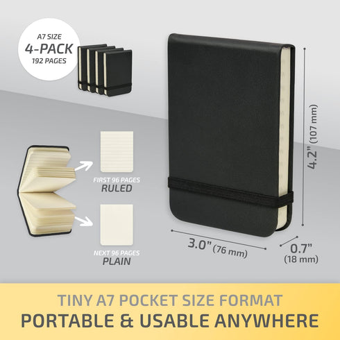 Tiny Notebook 3x4 Small Notepad Pocket Size, A7 Leather Hardcover Mini Notebook, Tear Off Sheet Tiny Notepad with Elastic Band, 4 Pack Mini Pocket Notebook for Nurse Reporter (Black) by NeatVilla