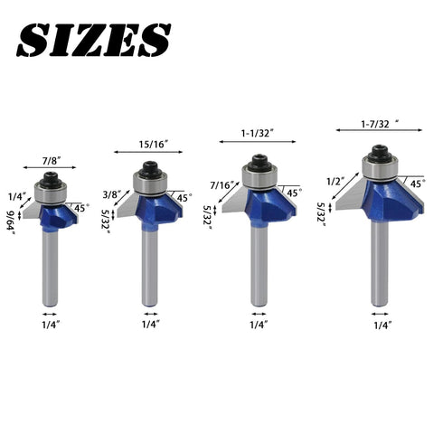 BENESOON 4PCS 45 Set 1/4 inch 1/4", 3/8", 7/16", 1/2" 45 Degree Chamfer Router Bit Shank, Cutting Lengths, Tungsten