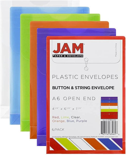 JAM PAPER Plastic Envelopes with Button & String Tie Closure - 4 1/4 x 6 1/4 - Assorted Colors - 6/Pack by JAM Paper