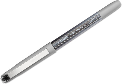 uniball Vision Needle Roller Ball Pen, Stick, Fine 0.7mm, Black Ink, Silver Barrel, Dozen