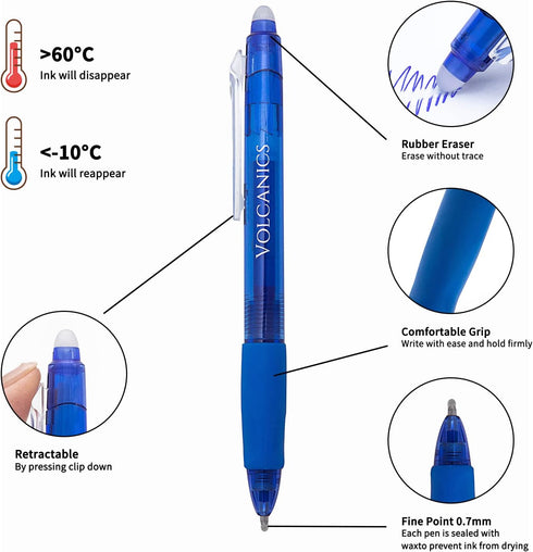 Volcanics Retractable Clicker Erasable Gel Pens - 0.7mm Ball Point, Heat Erase with Built-in Eraser, 12 Pack Blue by Volcanics