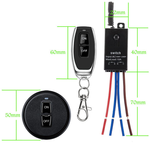 110V/120V/220V/240V 10A 328FT Wireless Light Switch & Receiver Kit - Mini Remote Control, AC Relay, Long Range