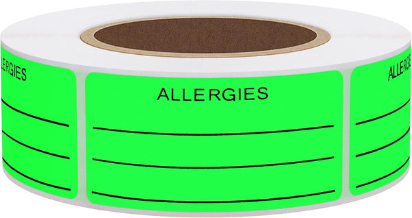 Hybsk Allergies Sticker, Fluorescent Green Allergy Stickers, 1"x2", 500 Per Roll