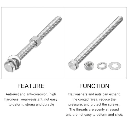 Hex Head Screws Bolts, Nuts, Flat & Lock Washers Kits, 3/8-16x5", Stainless Steel Fully Threaded Machine Screws