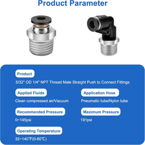 12 Pcs Push to Connect Fittings 5/32 Inch Tube OD x 1/4 Inch NPT Thread for Pneumatic Air Line
