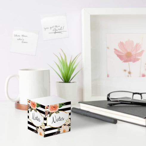 Black and White Floral Sticky Note Cube - 2.75" Memo Block Printed on 4 Sides, Modern Floral Stripe Design, Made in the