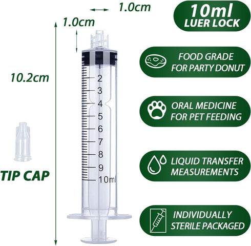 10mL Luer Lock Syringe 4 Pack Large Plastic Sterile Syringes without Needle, for Liquid, Oral, Measurement, Dispensing, with Cap