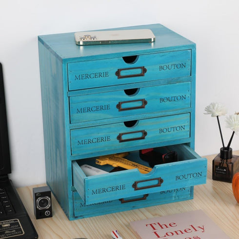 Wooden Storage Box with 5 Drawers - Vintage Apothecary Drawers, Wood Desktop Organizer, Blue