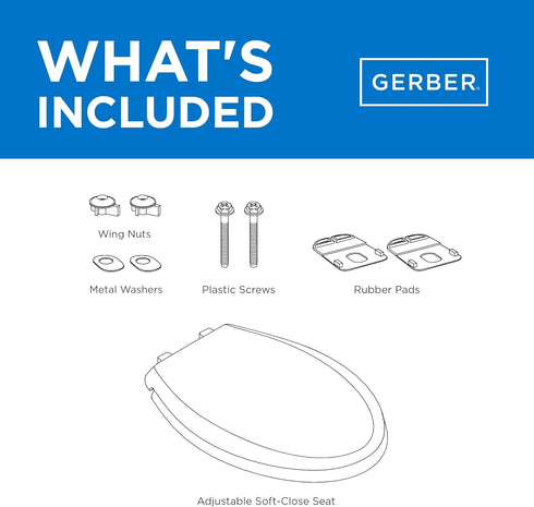 G009921325 Gerber Elongated Toilet Seat with Cover, Soft Close, No Slam, Quick & Easy Install, Heavy-Duty Plastic