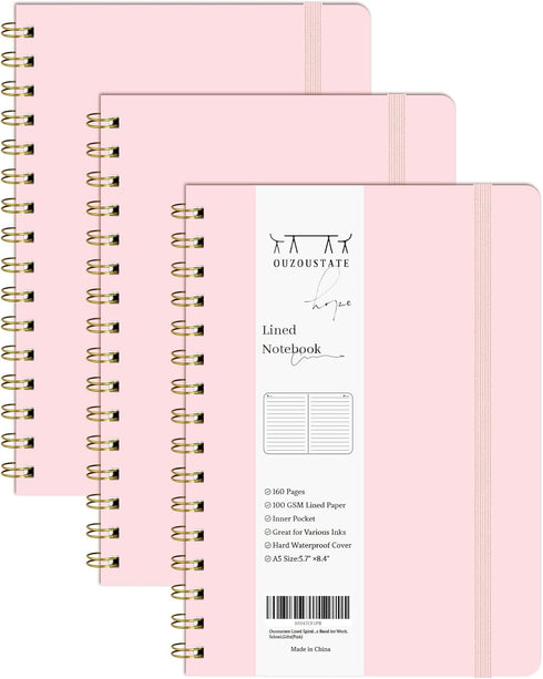Lined Spiral Notebook 3 Pack, A5 Pink College Ruled Hardcover Journal, 160 Pages, 5.67" x 8.4", 100 GSM Paper
