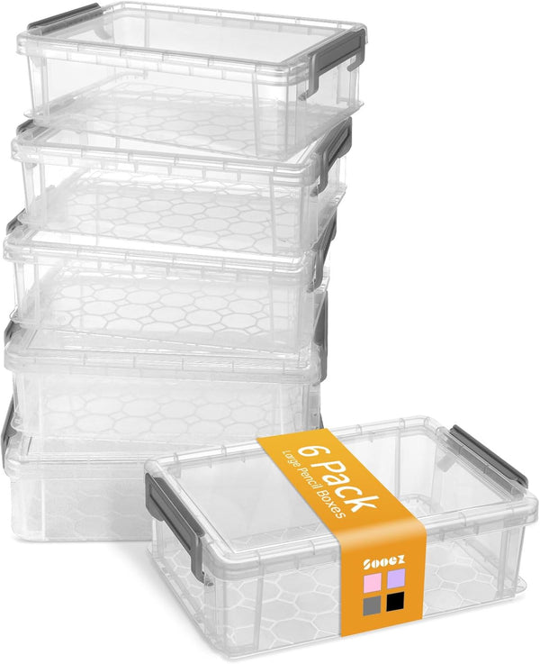 Sooez 6 Pack Extra Large Plastic Pencil Box, Clear Marker Organizer with Lid, Stackable Storage for Art