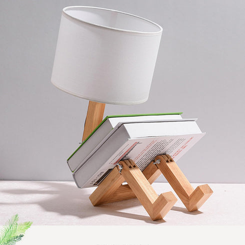BBGISHO Bulb Bulb Robot Table Lamp, Wood Table Lamp with Fabric Shade, Color Changing Light & Remote Control, Cute Boho