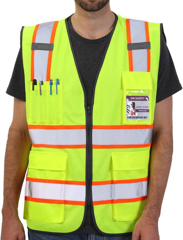 Reflective Vest, High Visibility Two Tone with Pockets and Zipper, ANSI Class 2 Compliant, Yellow with Orange Trim