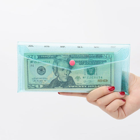 Cash Envelope Wallet with 6pcs Divider and 2pcs Tab Stickers - Reusable Budget Envelopes, Blue Glitter PVC Organizer