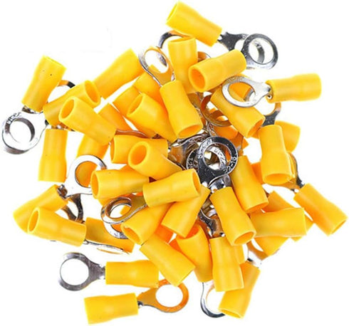 100PCS Yellow Insulated Ring Terminal Electrical Wire Crimp Connectors - Stud Size #10 for Cable