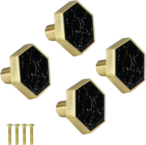 Gold Hexagon Cabinet Knobs, Modern Furniture Knob and Handles, 4 Pcs Kitchen Cabinet Handles with White Zinc Alloy Pull