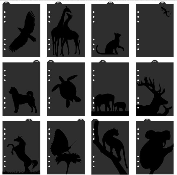 Discagenda A5 Size 12 Months Ringbound Dividers for Personal Organizers, Animals Silhouette Paper Cardboard