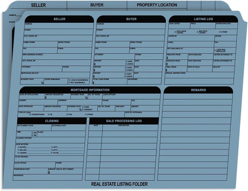 Blue Real Estate Folders, 25 Preprinted Property Listing Folders, 9 5/8" x 11 3/4" Seller Buyer Checklist