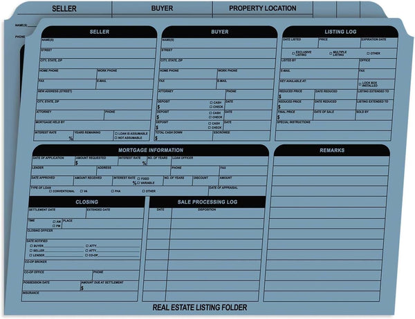 Blue Real Estate Folders, 25 Preprinted Property Listing Folders, 9 5/8" x 11 3/4" Seller Buyer Checklist