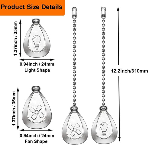 Set, 12 Inches 3MM 4 Pack Vinaco Silver Ceiling Fan Pull Chain Decorative Fan Pull Chain Extension with Pendant