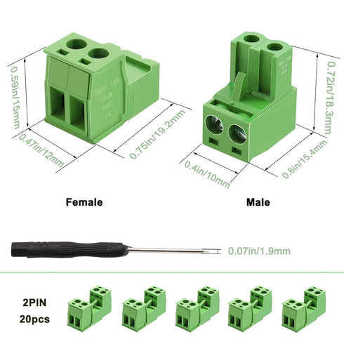 Tnisesm 16Pcs 2 Pin Screw Terminal Block Connector 5.08mm Pitch Pluggable with 2 Pin Phoenix Plug 300V 15A for 28-12AWG Cable