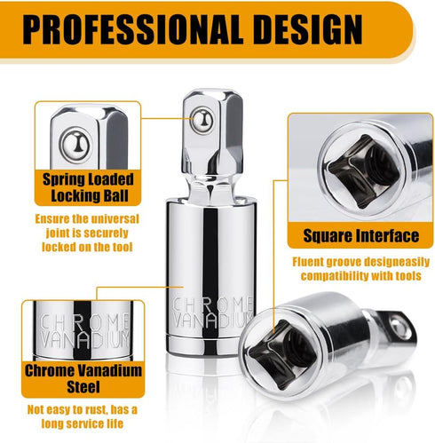 3PCS Universal Joint Socket Set, 1/4 3/8 1/2 Drive Swivel Socket Adapter for Narrow Spaces