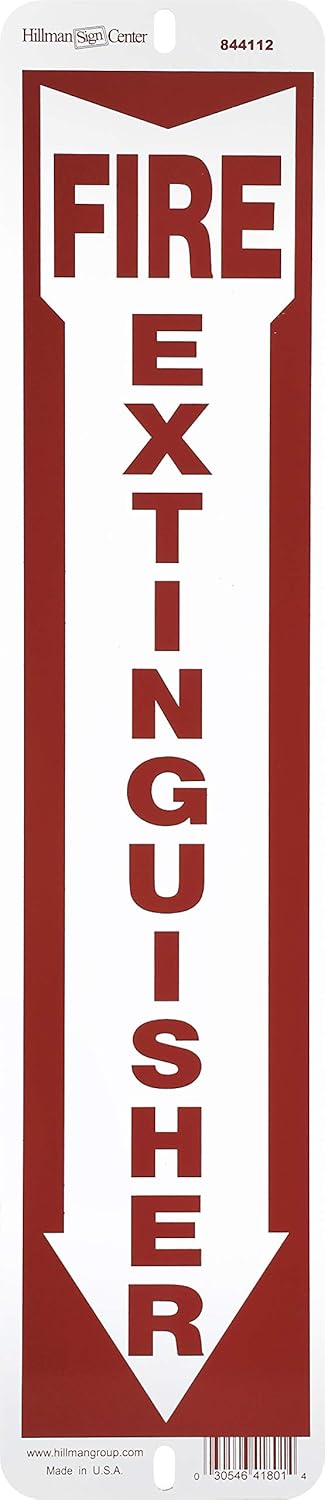 Hillman 844112 Fire Extinguisher Sign, White and Red Aluminum with Arrow Symbol, 4" x 18"
