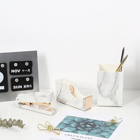 MEI YI TIAN White Marble Texture Desktop Adhesive Tape Dispenser - Gold Tone Metal Core Holder
