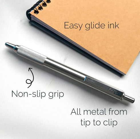Zebra Pen F-701 Retractable Ballpoint Pen 4-Pack with 2 Refills - Fine Point 0.8mm, Black Ink, Metal Construction