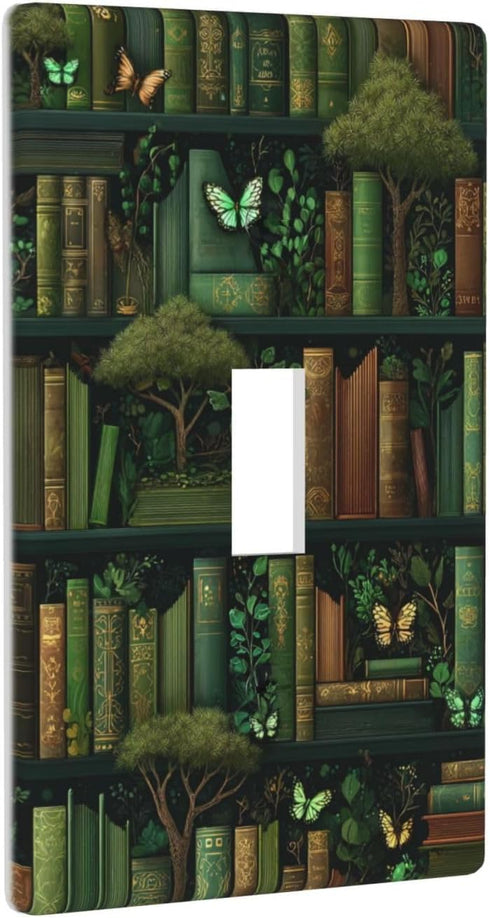 XBubupX 1 Magical Bookshelf Green Brown Books Light Switch Cover Decorative Single Toggle Gang Wall Plate For Kitchen
