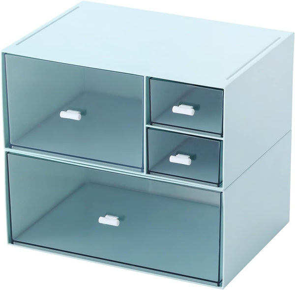 Desk Organizer with 4 Drawers, Makeup Storage Box, Plastic Sundries Organizer for Bathroom Counter or Dresser, Blue