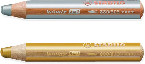 STABILO Multi-talented 3-in-1 Pencil Woody, Pack of 2, Gold & Silver