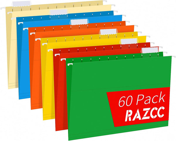 RAZCC 60 Pack Reinforced Hanging File Folders - Letter Size, Designed for Bulky Files, Adjustable Tabs, Assorted Colors