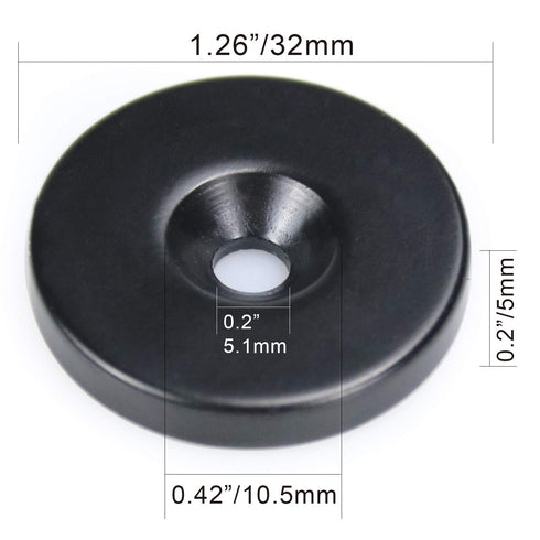 LOVIMAG 1.26”D x 0.2”H Black Epoxy Coated Neodymium Disc Magnets with Countersunk Hole, Pack of 10