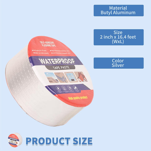 2" W X 16.4'L Waterproof Tape for Leaks Aluminum Butyl Tape with Adhesive for RV Repair, Glass Repairs, Air Mattress Patch, Window Caulking, Boat Sealing, Roof Patching