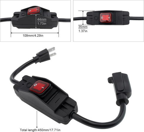 3 Prong Extension Cord with Waterproof Switch - 14/3 SJT Heavy Duty Power Cable with LED On/Off Switch, 1.5 Ft, Black