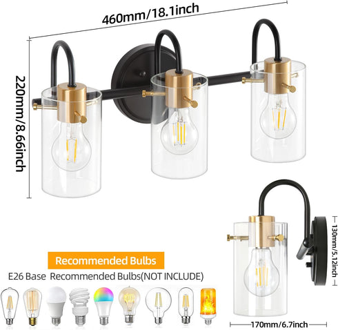 Apenath 3 Light Bathroom Vanity Light, Black and Gold Bathroom Wall Light Fixtures with Clear Glass Shade, Modern Wall