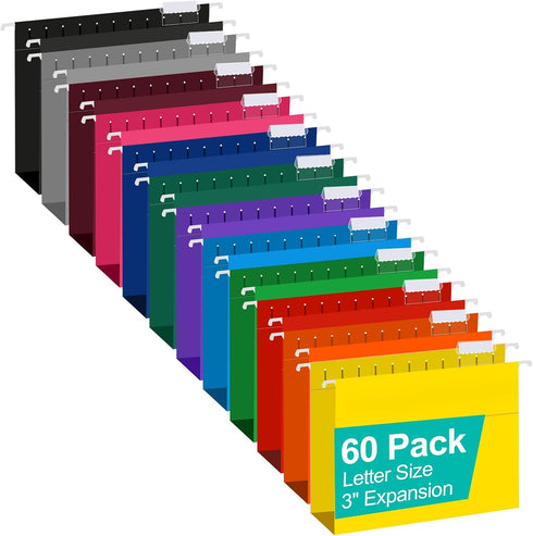 HERKKA Extra Capacity Hanging File Folders, 60 Pack, Reinforced Letter Size, 3 Inch Expansion for Bulky Files, 12