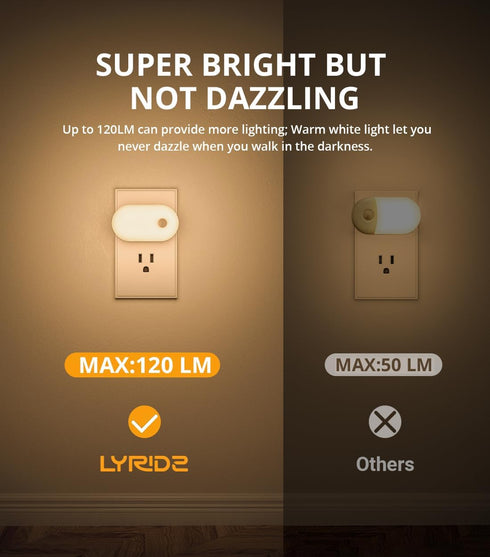 120LM 2 Pack Lyridz Plug in Night Light with Motion Sensor, Superior Bright Smart Mini LED Nightlight, Warm White