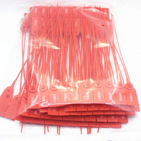 Middle Duty Security Plastic Seal with Metal Insert - 11 Inch Length, Numbered, Red Color, Package of 100
