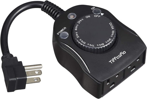 Outdoor Timer Outlet, Dusk to Dawn Light Sensor Timer, Weatherproof 2 Grounded Outlets for Christmas Lights (1 Pack)